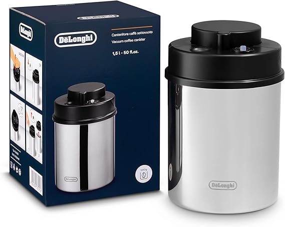 De'Longhi Coffee Canister, Vacuum Sealed Food Storage Container with Airtight Lid & Built-in Date Indicator, Polished Stainless Steel (Holds 1 LB / 500 g), DLSC063