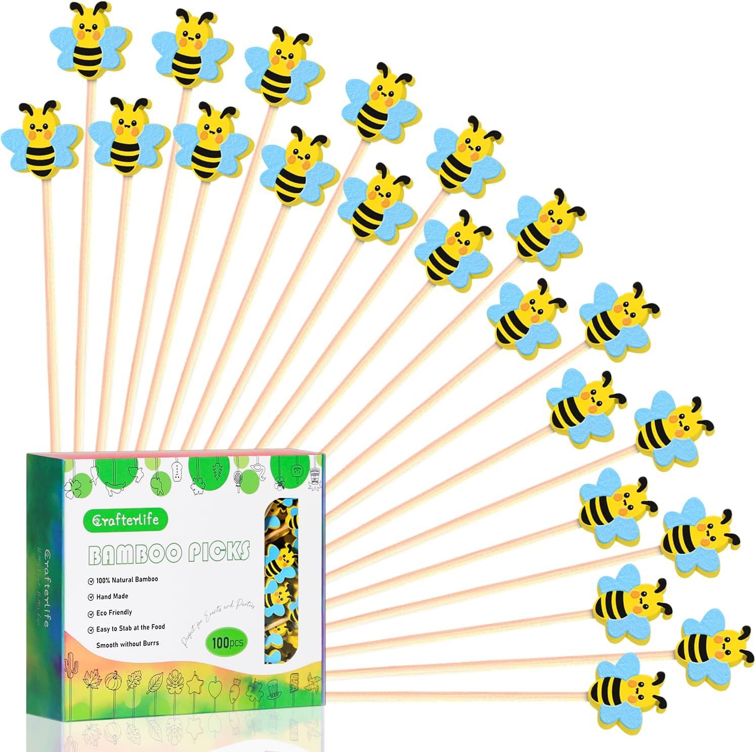 100Pcs Bee Cocktail Picks Cute Honeybee Theme Baby Shower Springtime Decor Long Toothpicks Fruit Sticks Skewers for Appetizer Charcuterie Food Garnish, Spring Decorations Themed Party Supplies
