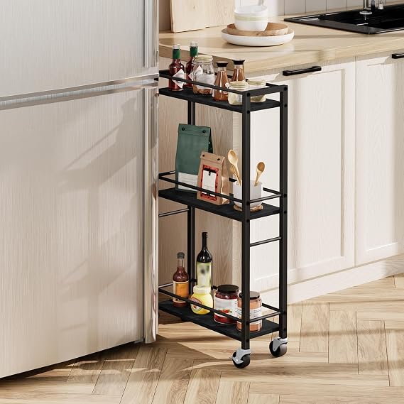 MAHANCRIS Slim Rolling Cart, Mobile Kitchen Cart on Wheels, Narrow Storage Cart for Small Space, Small Bar Cart, for Bathroom, Laundry, Living Room, Black RCHB1501