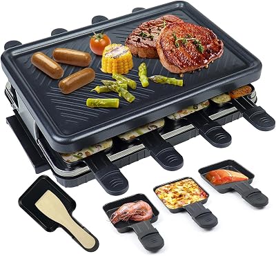 Raclette Table Grill, Electric Indoor Grill Smokeless Korean BBQ Grill, Removable 2-In-1 Non-Stick Grill Plate, 1300W Fast Heating with 8 Cheese Melt Pans, Ideal for Parties And Family Fun