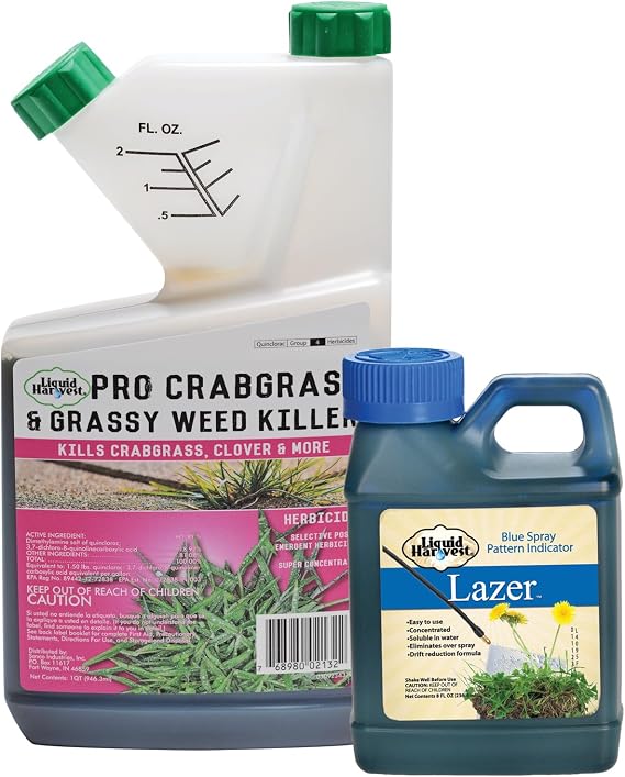 Lazer Blue 8 Ounces- Concentrated Srpay Pattern Indicator and Pro Crabgrass & Grassy Weed Killer 32 Ounces- 18.92% Quinclorac, Concentrated Crabgrass Herbicide