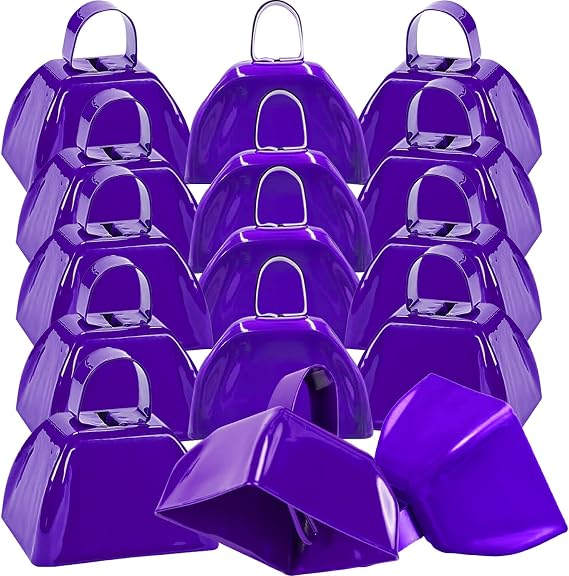 15 Pack Metal Cowbells 3 Inch Purple Bulk Cow Bells Loud Noise Makers Cow Bell with Handles, Small Cowbell Hand Percussion Cowbells for Sporting Events, Cheering, Football Games, Weddings