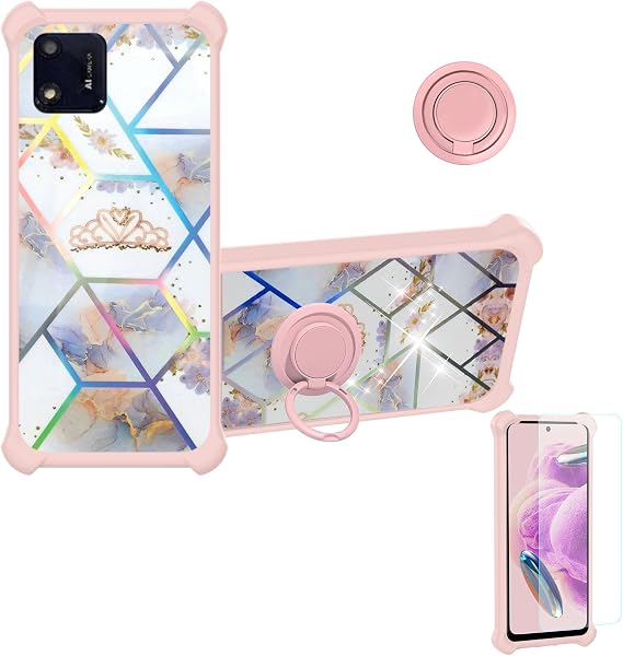 Aroepurt Case Compatible for Foxx FOXXD A56 Phone Case Cover [with Tempered Glass Screen Protector][Hard PC + Soft Silicone][Ring Support] [Colorful Reflect Light] IMDF-HG