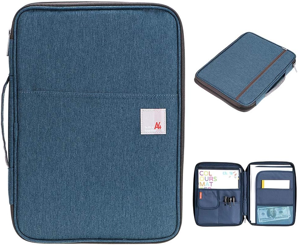 BSTKEY Multi-Functional A4 Document Bags Portfolio Organizer-Waterproof Travel Pouch Zippered Case for Ipads, Notebooks, Pens, Documents Dark Blue