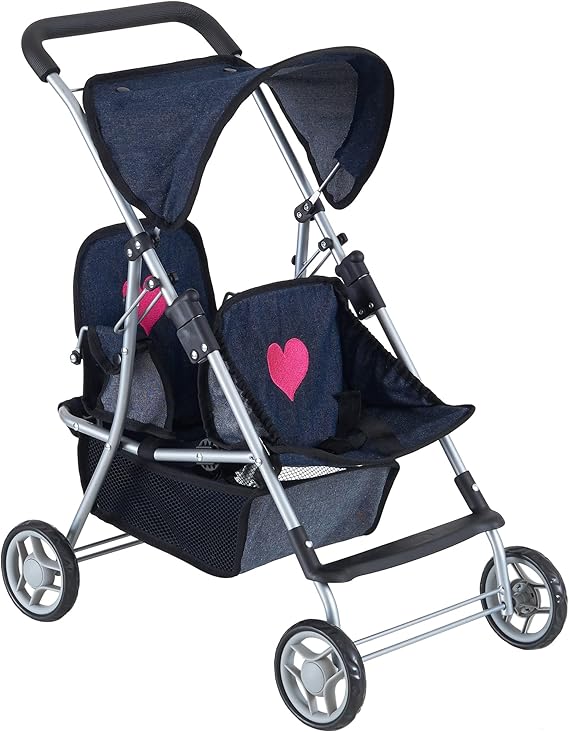 Double Baby Doll Stroller for Twin Dolls | Toy Doll Stroller for Kids Ages 3+, 4 Year Old, 5 Year Old, 8 Year Old | 25 Tandem Play Toy Stroller for Baby Dolls, Denim Baby Stroller for Dolls