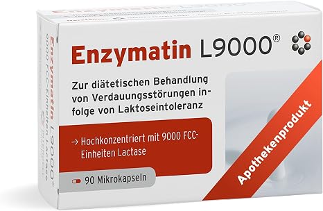 Enzymatin L9000 Intercell (90 Microcapsules) - High Dose Lactase with 9000 FCC Units - For Dietary Treatment of Lactose Intolerance - Cleaves up to 80 g Lactose per Capsule - Vegan