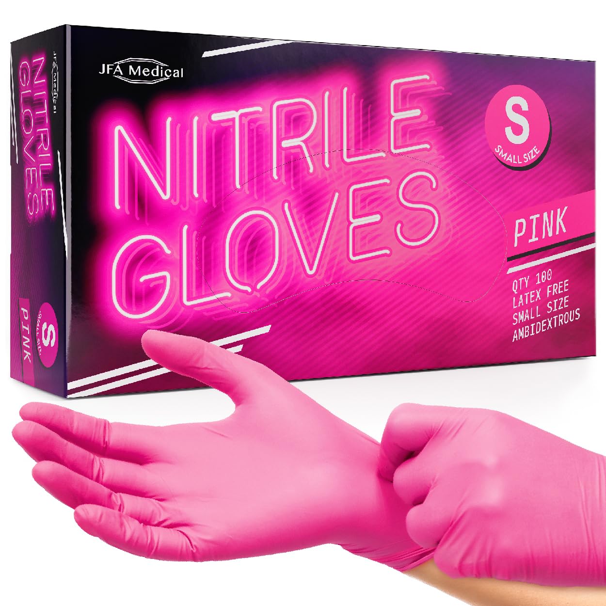JFA Medical Small Size Disposable Powder Free Pink Nitrile Gloves - Box of 100