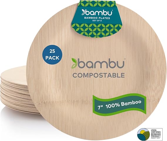 Bambu Pack of 25-7 Inch Round 100% Bamboo Plates Premium Disposable Dinnerware | Elegant, Biodegradable Veneerware Natural Tableware for Weddings, Parties, Entertaining & Special Occasions