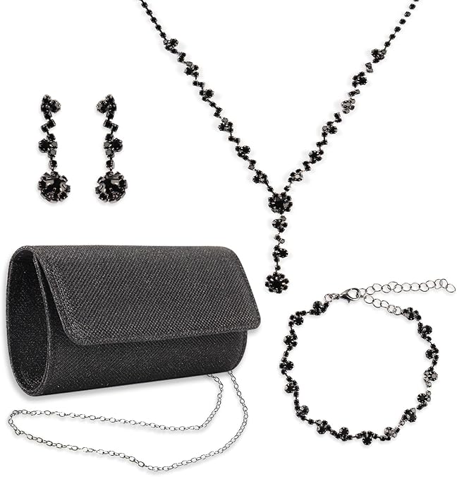 4 Pcs Rhinestone Jewelry Clutch Purses Bag Jewelry Sets for Women Wedding, Homecoming Bling Accessories Earrings Necklace Bracelet Evening Bag Handbag Clutch Purses