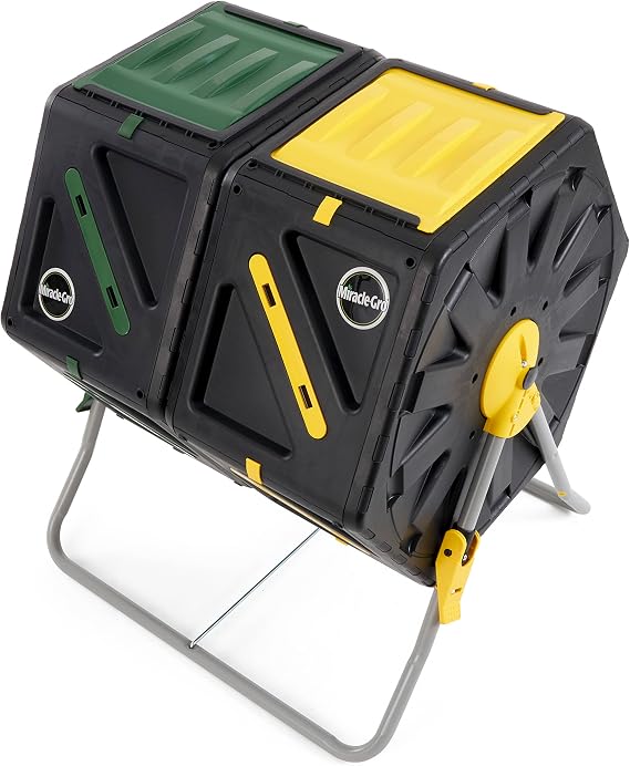 Miracle-Gro Dual Chamber Compost Tumbler Easy-Turn, Heavy-Duty Outdoor Bin Composter with 2 Sliding Doors (2x18.5 Gal/70L