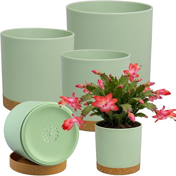 5 Pack Plastic Plant Pots Indoor Outdoor 5 Sizes Flower Pot with Drainage Holes and Tray Modern Decorative Planter Pot for All House Plants, 17.8/16.5/15.2/12.7/10CM