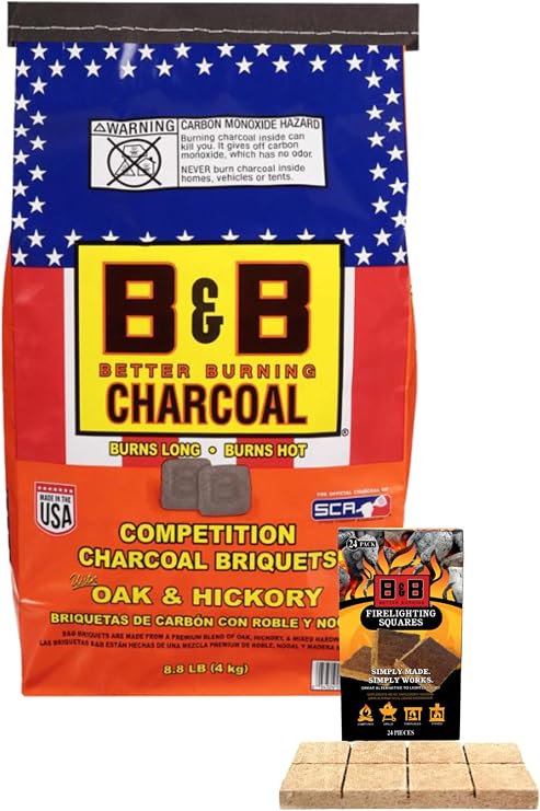 B&B Charcoal 8.8lb Briquets Competition Oak & Hickory with 24 Firelighting Squares