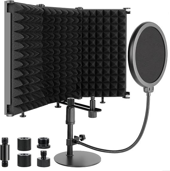 Microphone Isolation Shield, 3 Panels Sound Proof Mic Shield with Mic Stand and Pop Filter, High Density Absorbent Foam Mic Isolation Shield for Recording