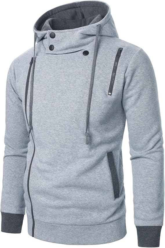 Mens Full Zip Turtleneck Hoodies Cargo Coat Hood Collar Oblique Zipper Lapel Drawstring Slim Fit