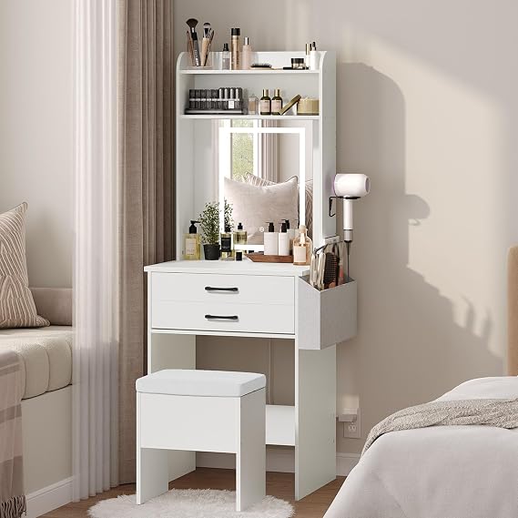 Small Makeup Vanity Desk with Mirror and Lights, White Vanity Table Set with Storage Drawers and Storage Stool and Side Bag for Small Space, Compact Make up Dressing Table, Mini Vanity for Bedroom
