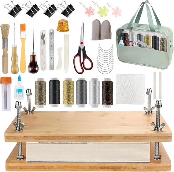 56 Pcs Bookbinding Supplies Kit 6-Color Thread Needles, Awl, Scoring Folder, Book Cloth & Storage Bag, 11.6 x 7.8 Inch Book Repair Kit, Wooden Bookbinding Press for DIY BookRepair, Handmade Crafs