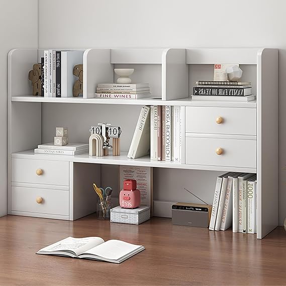 3-Tier Desk Hutch, Dorm Desktop Bookshelf with Storage Display Rack, Freestanding Bookcase with Drawers, Desk Top Organizer Shelf for Computer Desk Home Office(40.6L6.7W31.5H, White)