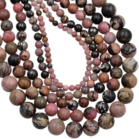 AD Beads Natural Gemstone Round Loose Beads 15" for Bracelet Necklace Earrings Jwelery Making Crafts DIY (4mm, Black Stripe Rhodochrosite)