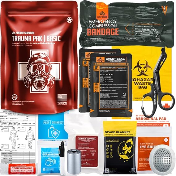 EVERLIT Trauma Pak, with Compression Banage, Chest Seals, Compressed Gauze Z-Folded, Mil-Spec Military Tactical Bleeding Control Supplies (Basic)