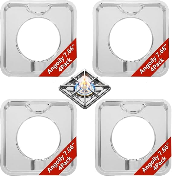 Angoily 4 Pcs Burner Covers, 7.68 Inch Stainless Steel Square WP786333, AP6011553, PS11744751 Gas Stove Burner Liner, Heavy Thick Kitchen Bib Drip Pan Top Cover Heat Resistant Replacement Pan