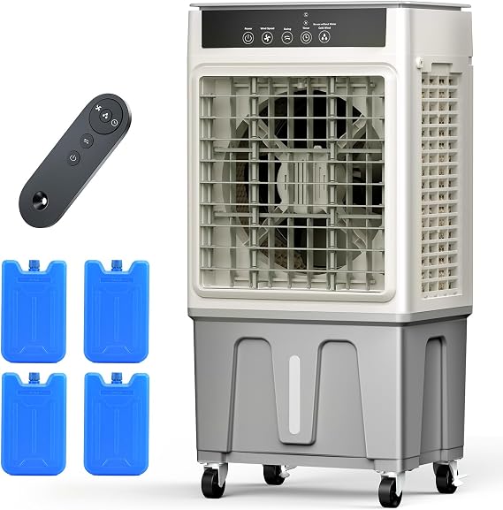 Windowless Swamp Cooler, 3 in 1 Evaporative Portable Air Conditioner with Remote, Cooling Fan Ac Unit,3 Speed, 24H Timer, 5.3 Gal Water Tank, 4 Ice Box for Garage, Patio, Bedroom Home Office Outdoor