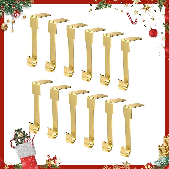 12 Pack Gold Christmas Stockings Holder for Mantel, Christmas Fireplace Hanger Hooks, Non-Slip Stocking Hooks for Christmas Party Decorations(Gold)
