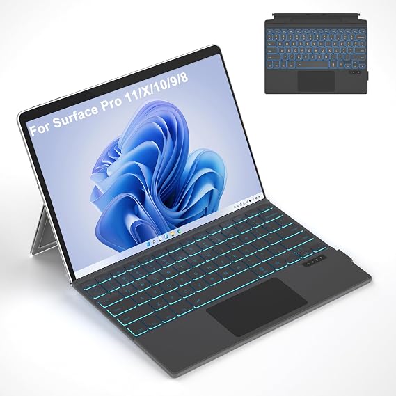 Surface Pro 11/10/X/9/8 Keyboard, Bluetooth Wireless Magnetic Keyboard with 7 Color Backlit, Multi-Touch Trackpad, Rechargeable Battery