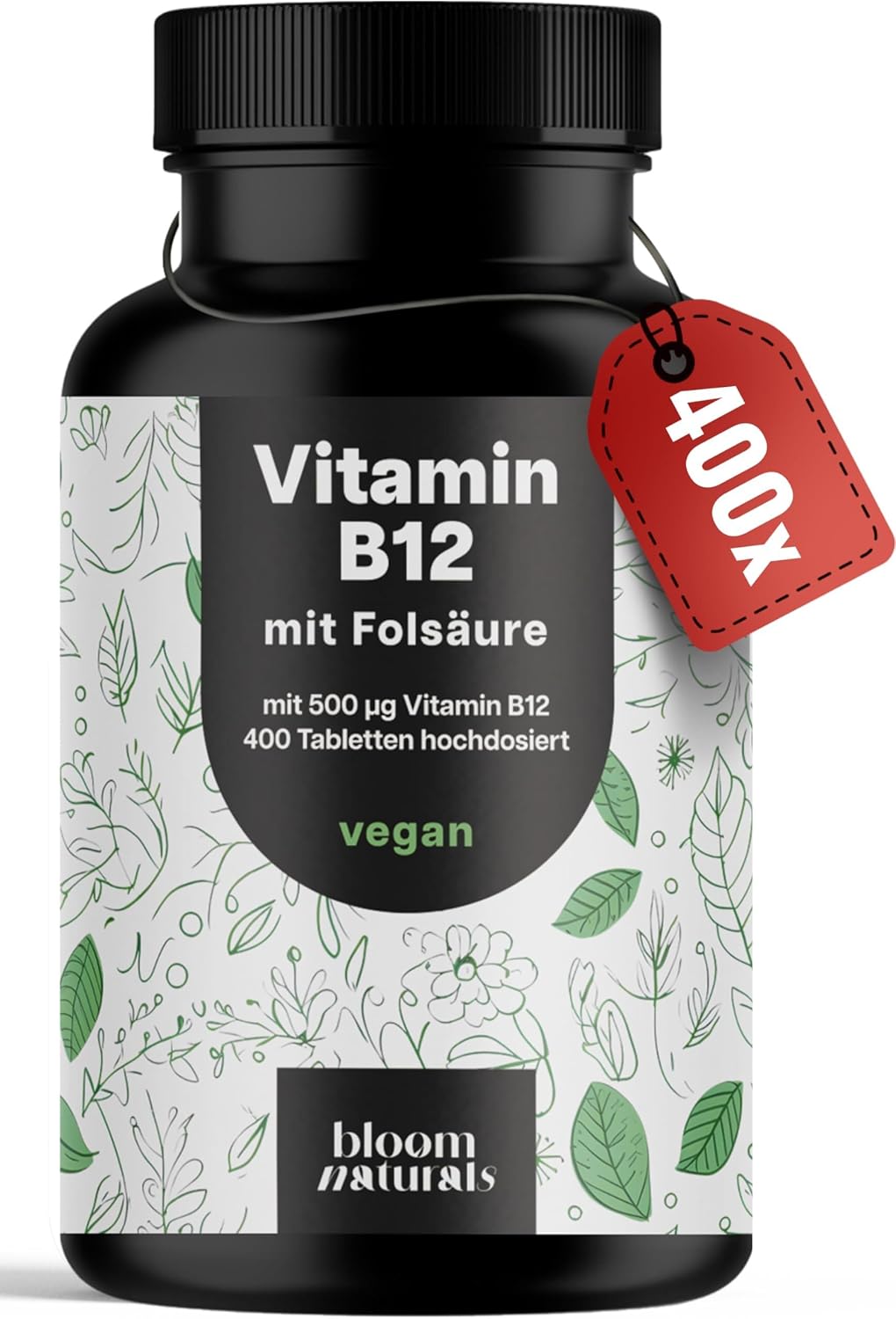 Vitamin B12 High Dose – 400 Tablets with 500µg Vit B12 + 200µg Folic Acid – Certified Laboratory Tested – Vegan & Produced in Germany – Packaging May Vary