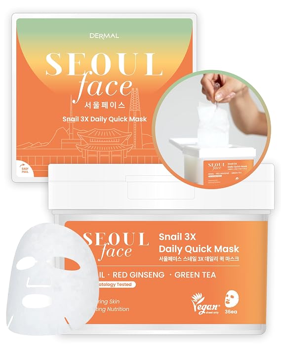 DERMAL Korean Snail Mucin 5-Minute Daily Sheet Mask Dispenser, 36 Count