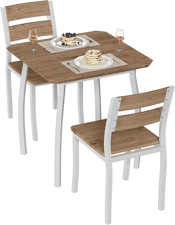 GarveeHome Dining Table Set for 2, Farmhouse 3 Piece Kitchen Table and Chair Set with Upholstered Chair, Metal Frame Dining Room Table and Chairs for Small Space, Apartment, White+Natural