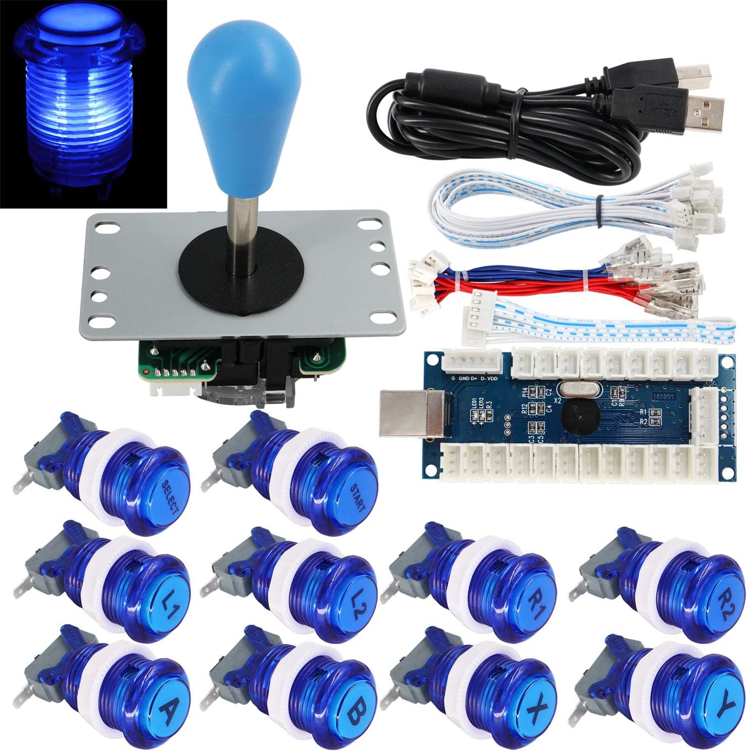 Arcade Game Stick DIY Kit Buttons with Logo LED 8 Way Joystick USB Encoder Cable Controller for PC MAME Raspberry Pi Blue
