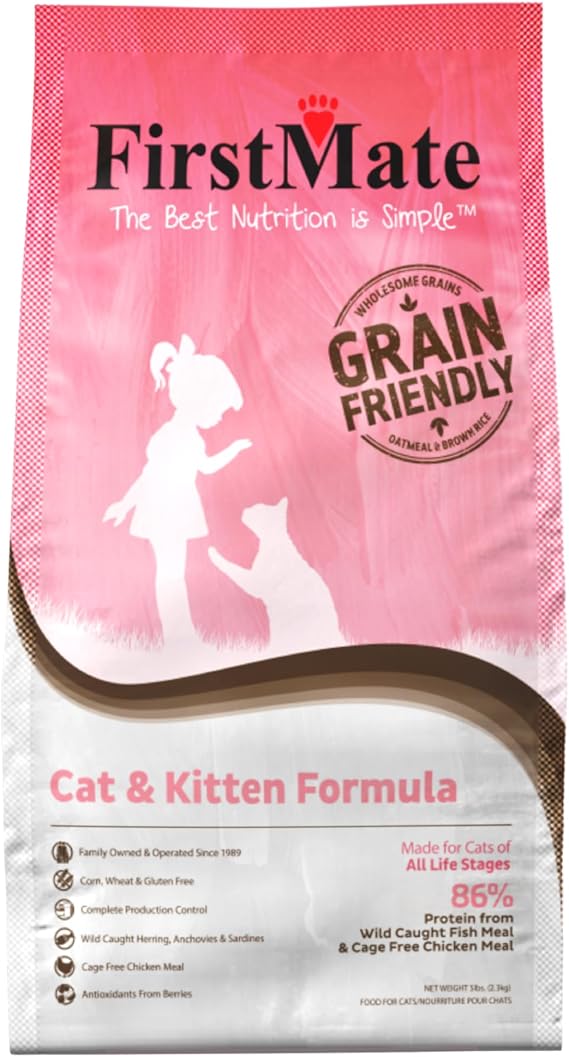 FirstMate Grain Friendly Cat Food Cat & Kitten Formula High Protein Dry Cat Food with Chicken & Wild Caught Fish, Pea Free Cat Food, No Corn Wheat Potato 5 lb Bag