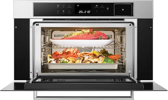 ROBAM 30 Inch Built-in Combi Steam Oven, 1.7 cu.ft, 13 Cooking Functions with Steam, Convection, Roast & Bake, 50 Preset Recipes, Hi-Temp Steam up to 300F, Black Glass&Stainless Steel CQ762S (Silver)