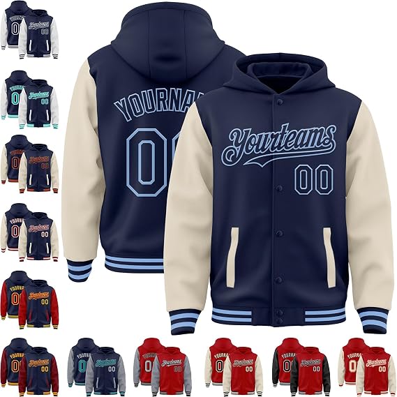 Fanscustom Custom Varsity Jacket with Hood Personalized Teens Letterman Hooded Jacket Full-Snap Baseball Bomber Jacket