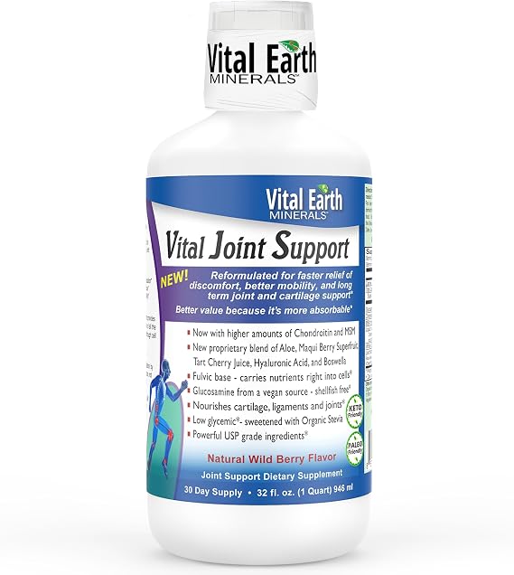 Vital Earth Liquid Joint Support Supplement Glucosamine, Chondroitin, MSM Plus Hyaluronic Acid, Boswellia & Fulvic Acid (70+ Trace Minerals), 32 Oz + 1 Oz Cup