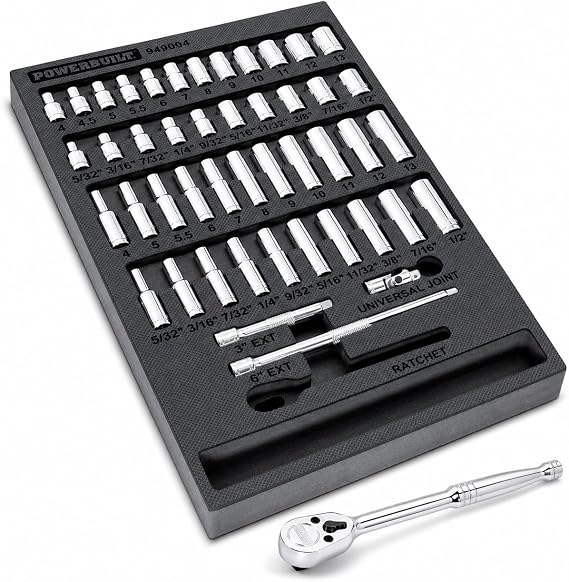 Powerbuilt 47 Piece Socket, Ratchet, Accessories Tool Set, 1/4-Inch Drive, SAE and Metric, Storage Tray, Pro Tech Tools Series, 949004, Silver