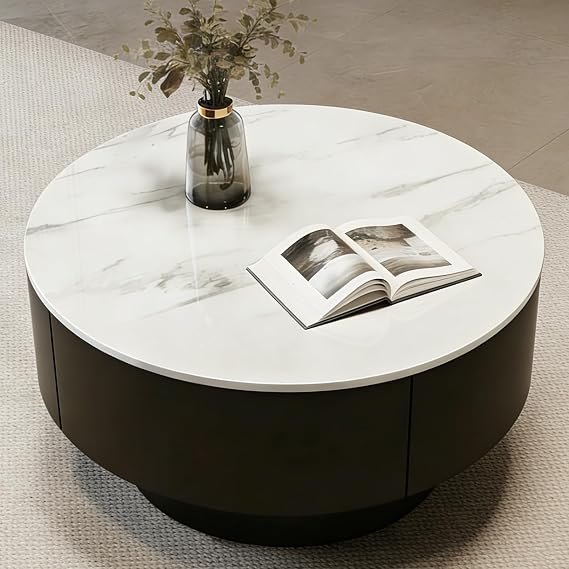 Rock Slab Circle Coffee Table Set， Luxury Tables For Living-Room, Nesting Tables With Thicken Leg,Coffee Table Round With Storage(Black-2,80cm)