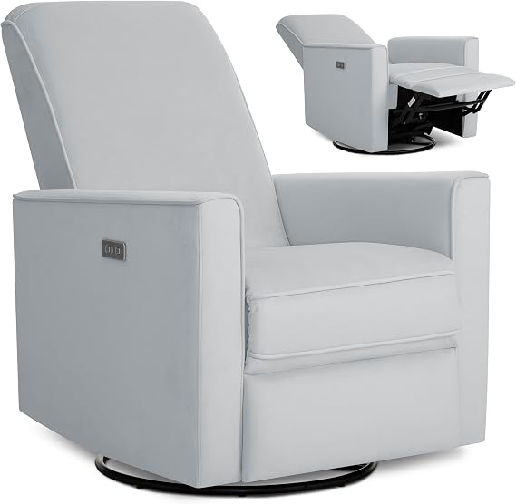 Evolur Harlow Upholstered Power Glider Recliner with USB Charging Rocking & 275 Swivel with Smooth Glide Greenguard Gold & FSC Certified Modern Nursery and Living Room Chair in Grey