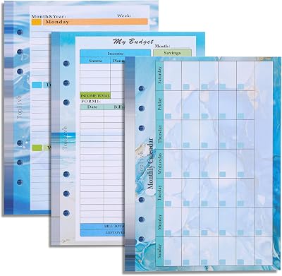 Toplive 3 Pack A5 Planner Refill 82 Sheet Colored Monthly Weekly Planner Refill Paper 6 Hole Budget Sheets Expense Tracker Inserts for A5 Binder Cover Bill Saving Organizer, Blue