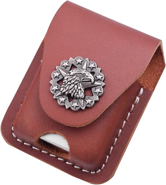 Handmade Fliptop Leather Lighter Pouch Holder Case with Pocket Belt Loop (Eagle-Brown)