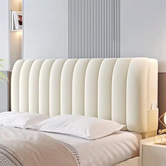 CXLT Crystal Velvet Bed Headboard Covers Short Plush Upholstered Stretch Bed Head Cover Bed Headboard Slipcover Double Single Queen King Head Board Dustproof Protector for Bedroom Decor(120cm,Beige)