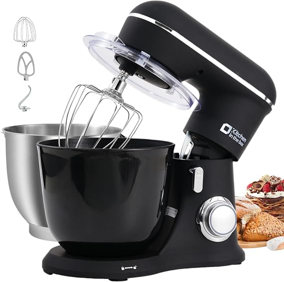 Kitchen in the box Stand Mixer,4.5L+5L Dual Bowl Food Mixer for Home Baking | 10 Speeds Electric Kitchen Mixer with Dough Hook, Whisk, Beater for Cake, Bread & Pizza Dough, 1300W for Batch Baking (Black)
