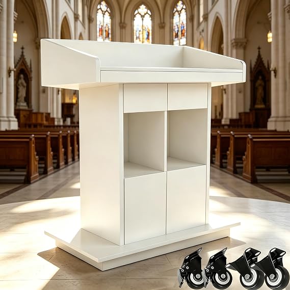 Podium Stand with Wheels, Pulpits for Churches, Floor-Standing Speaking Podium Lectern Stand, Portable Pulpit with Storage, Host Stand for School Conference,White