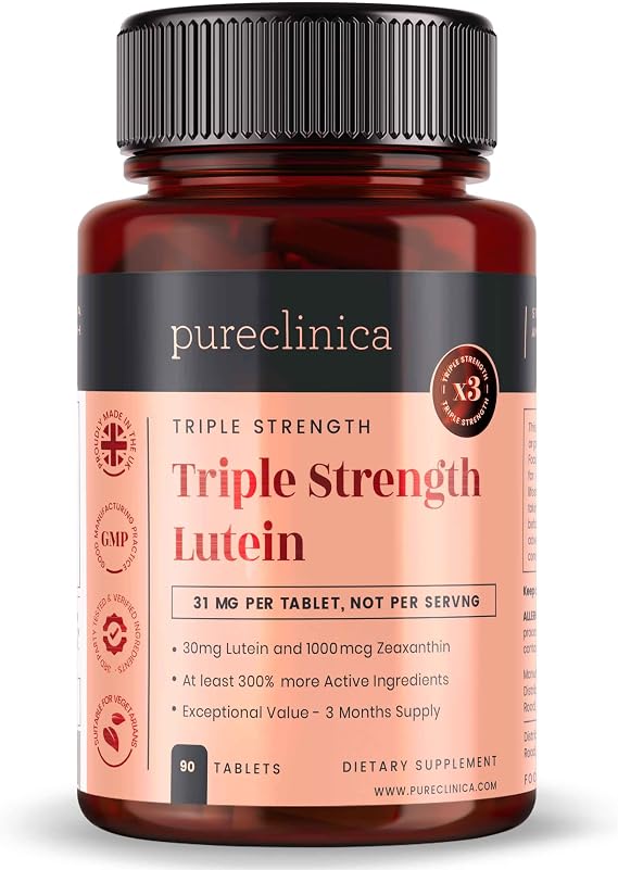 pureclinica Lutein 30mg with Zeaxanthin 1000mcg Triple Strength Supplement, 90 Tablets (3-Month Supply)