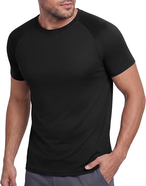 BOOJO Workout Mens Shirts - Casual Black Quick Dry Moisture Wicking T-Shirts Crew Neck Short Sleeve for Gym Athletic Running
