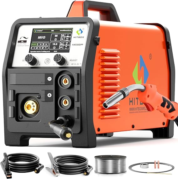 HITBOX Aluminum MIG Welder with Double Pulse,7 in 1,Gas MIG/Gasless Flux Core MIG/Stick/Lift TIG/Single Pulse/Dual Pulse Aluminum Welding Machine (HIM250DPP)