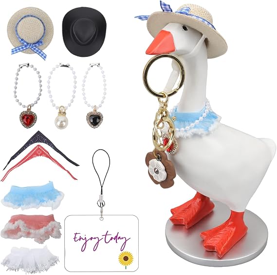 Desk Mini Goose Key Holder 7 inch with 4 set Outfits, Housewarming Gifts | Desktop Magnetic small Proch Goose Resin Statue, Cute Figurines Keychain Hanging, Table Decor for Home house Office Bedroom