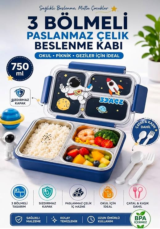 Paslanmaz Çelik Lunch Box Sevimli Çocuk Beslenme Kabı Yemek Kabı 3 Bölmeli Isı Yalıtımlı Beslenme Kutusu