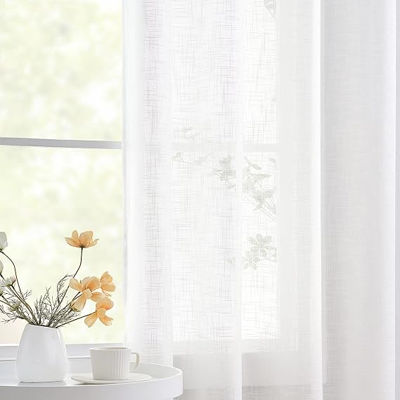 Treatmentex White Linen Semi Sheer Curtains 72 Inch Long for Living Room | 1 Pair, Light Filtering Eyelet Farmhouse Drapes, Faux Linen Texture Look Window Curtain Panels, for Bedroom Sun Room, 52"W
