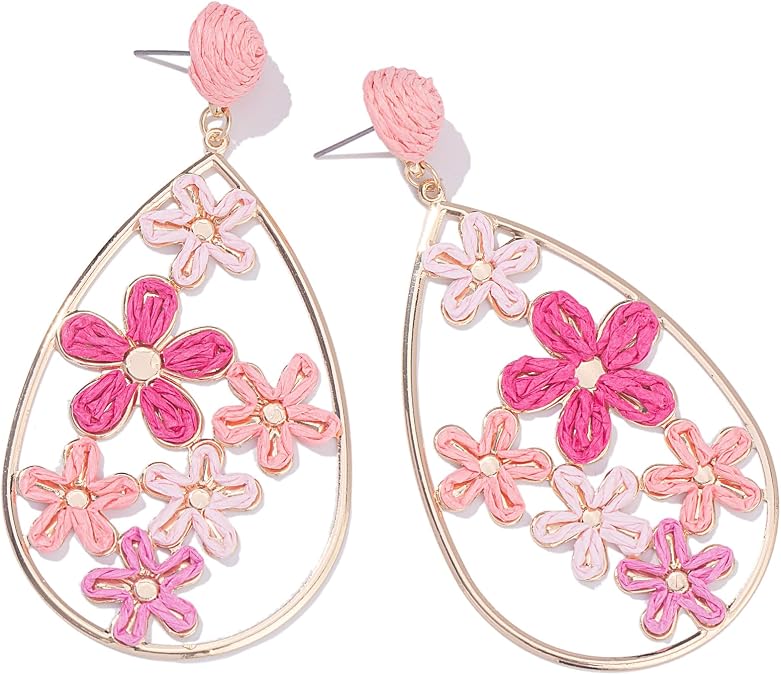 Boho Raffia Flower Teardrop Earrings Cute Colorful Dangle Trendy Jewelry